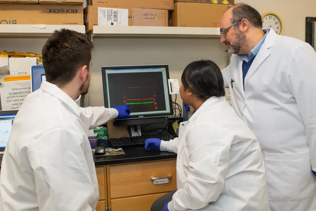 Two research assistants review a monitor with Dr. Harry Filippakis